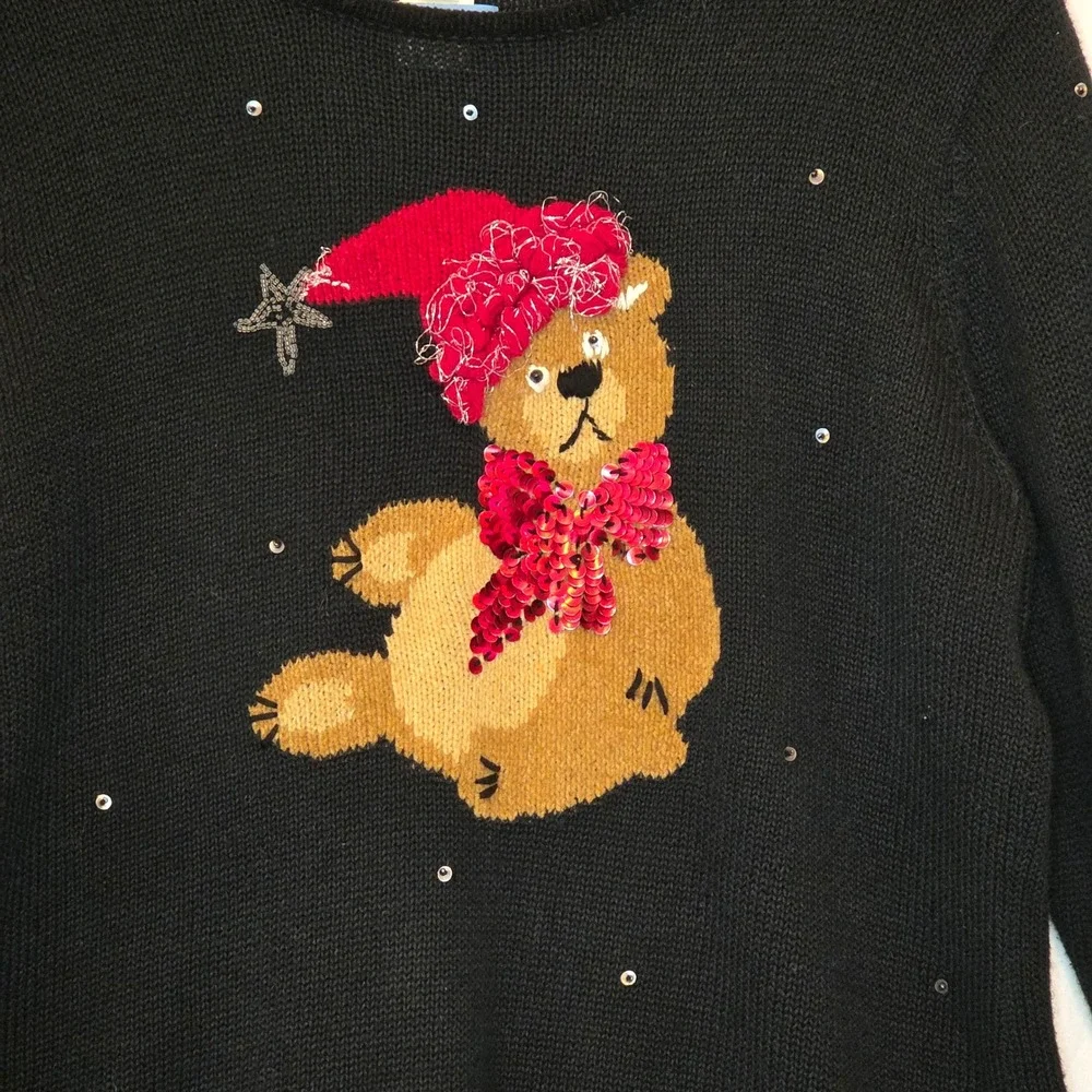 Vintage SUSAN BRISTOL Unisex Christmas Teddy Bear Sequin Sweater Black SB347 Med